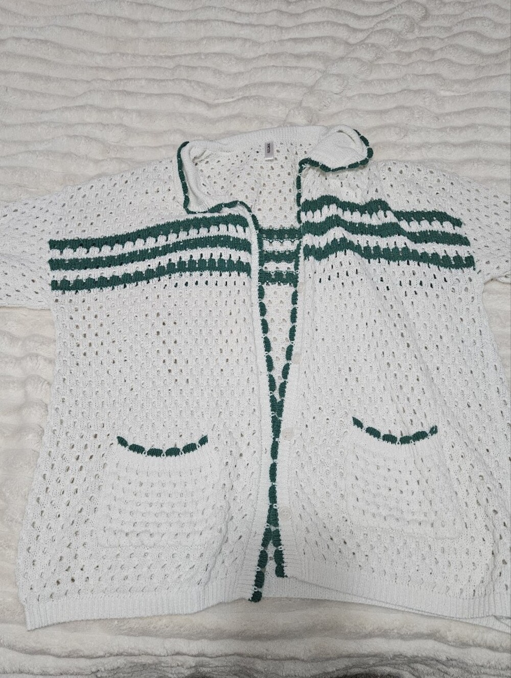 Dokotoo White & Green Crocheted Button Down Short Sleeve Cardigan Top, Size XL